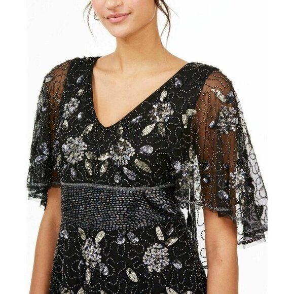 Women's 6 Adrianna Papell Embellished Capelet Top BLACK SEQUINS BEADS MESH - Picture 3 of 8